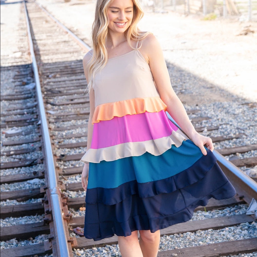 Taupe Multicolor Sleeveless Ruffle Tiered Midi Dress